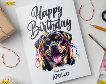 Saludo de cumpleaños personalizado de acuarela de Rottweiler, perfecto para los fanáticos de Rottie