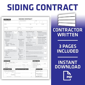 Op de afbeelding: Een printbaar contractformulier voor gevelbekleding met de titel "Siding Contract" in vetgedrukte, blauwe letters. Het formulier bevat secties voor klantgegevens, te voltooien gevelbekleding, gevelbekledingselectie, betalingsgegevens en installatiegegevens. Het formulier bevat ook een sectie voor de handtekening van de aannemer en een sectie voor de handtekening van de klant. Het formulier is bedoeld voor gebruik door aannemers om een contract voor gevelbekledingwerk te maken.