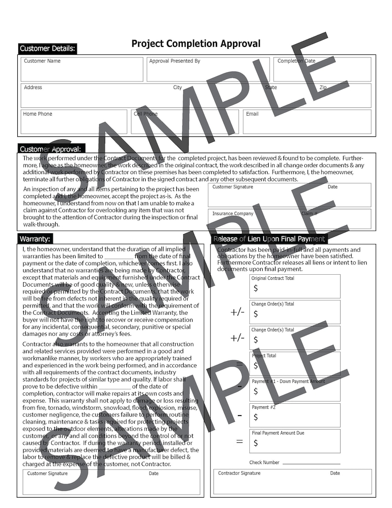 Construction Project Completion Form for Customer Approval, Release of