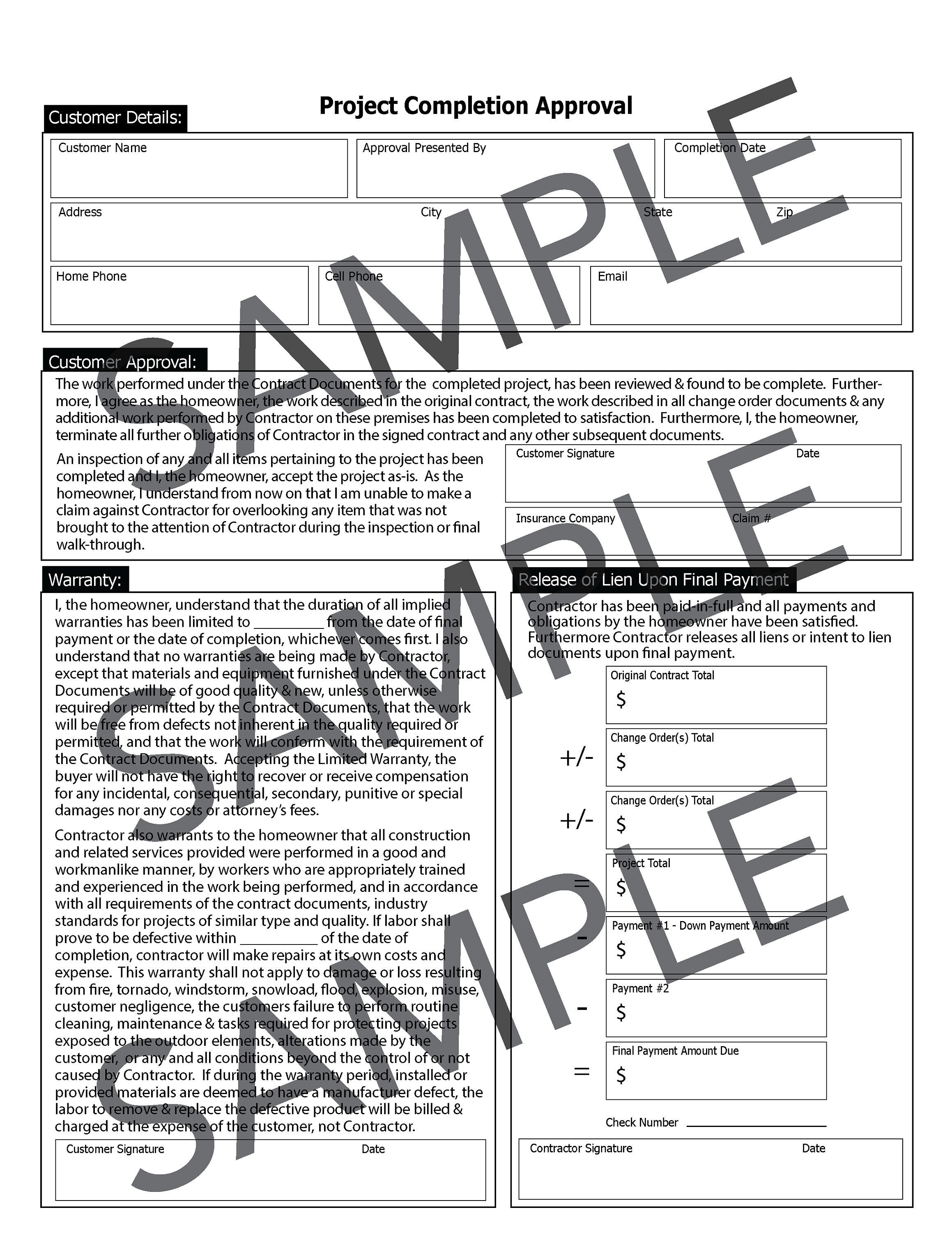 Construction Project Completion Form for Customer Approval, Release of