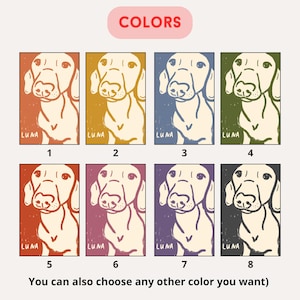 May include: Eight different color variations of a digital illustration of a dachshund dog with the name "LUNA" printed below the dog. The colors include orange, yellow, blue, green, red, pink, purple, and gray.