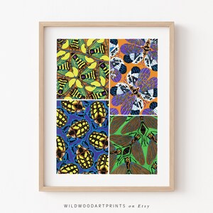 Colourful Insect Art Print, Abstract Beetle PRINTABLE Wall Art, Vintage Bumble Bee Poster, Dragonfly Butterfly Art, Instant DIGITAL DOWNLOAD