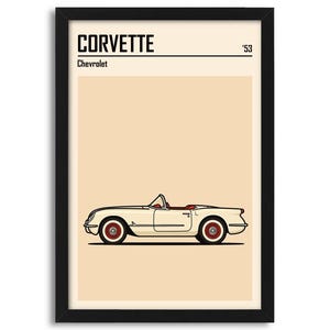 Peut inclure: Impression encadrée d'une Corvette décapotable crème de 1953 avec des détails et des roues rouges. L'œuvre comprend le mot "CORVETTE" au-dessus du logo Chevrolet, avec l'année "'53" affichée.