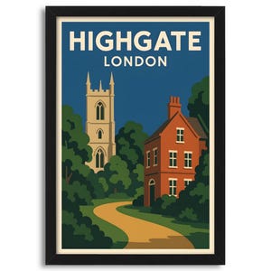 Highgate, London - Retro Travel Poster Digital Print, Gift Idea, Wall Home Decor