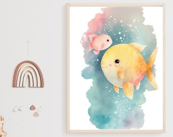Fish Nursery Wall Art, Girls Bedroom Decor, Cute Fish, Printable Digital Download, Baby Animal Print, Girls Nursery Art, Watercolor Wall Art