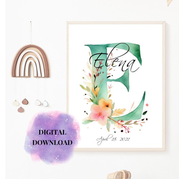 Personalised Name Sing Girl, Letter E, Nursery Wall Art, Custom Gift  Baby Girl, Watercolor Nursery Decor, Printable Wildflower Name Poster