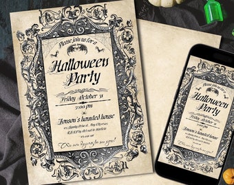 Puede incluir: Una invitación a una fiesta de Halloween con un borde ornamental en blanco y negro, mostrada en papel y en un teléfono inteligente. El texto de la invitación dice "Halloween Party" e incluye la fecha y la hora. Pequeñas calabazas y botellas decorativas están dispersas.