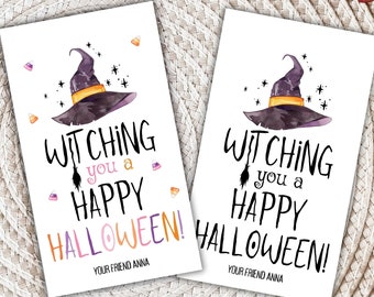 May include: Two white Halloween greeting cards with a witch hat illustration and the text "Witching you a Happy Halloween!" in black and orange. The cards also include the text "Your friend Anna".