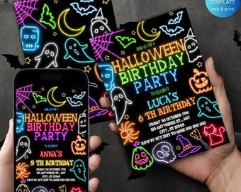 May include: Two neon-colored Halloween birthday party invitations with black backgrounds. The invitations feature a variety of neon-colored Halloween icons, including ghosts, bats, pumpkins, and spiders. The text on the invitations reads "Join us for a Halloween Birthday Party" and includes the birthday person's name, age, and party details.