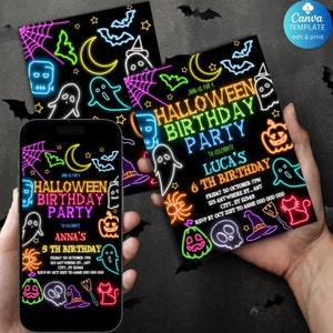 Bearbeitbare Neon-Halloween-Geburtstagsfeier-Einladungsvorlage, Glow in Dark Printable Invite, Jungen und Mädchen Geburtstag Evite Digital Download