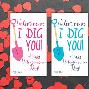 I Dig You Valentine Printable Favor Gift Tag Canva Template School Classroom Valentine Cards for Kids Girl Pink, Boy Blue Showel Download