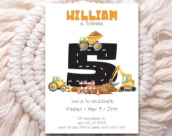 Construction 5th Birthday Editable Invitation, Construction Fifth Birthday Invitations, Dump Truck Party Invite, Printable Digital Template