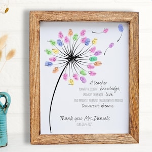 Regalo de agradecimiento para maestros, regalo editable e imprimible para maestros, recuerdo de fin de curso, huella dactilar para estudiantes, regalo personalizado para maestros, arte de diente de león.