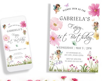 Inbjudan till älva med 1-års födelsedag, magisk vildblomma med fjäril, första älva med födelsedagsinbjudan, direkt nedladdning, redigerbar flickfödelsedagsinbjudan