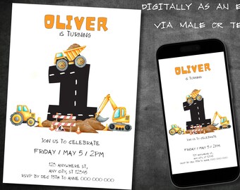 1st Birthday Editable Construction Invitation, Construction First Birthday Invitations, Dump Truck Party Invite, Printable Digital Template