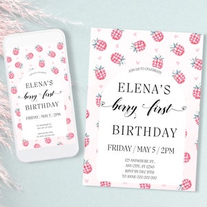 Puede incluir: Una invitación imprimible rosa y blanca con un patrón de frambuesas. La invitación dice "Únete a nosotros para celebrar el primer cumpleaños de Elena. Viernes, 5 de mayo, 2 PM. 123 Anywhere St., Any City, ST 12345. RSVP antes del 1 de diciembre a Anne 000 000 000".