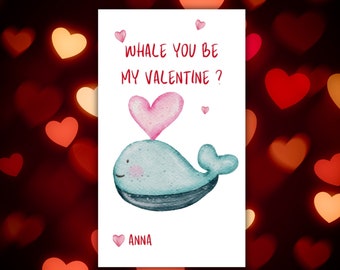 Valentines Whale Gift Tag Editable Template, Whale Be My Valentine, Candy Valentine Gift Tag, Classroom Gift Tag, Instant Download