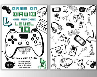 Editable Video Game Birthday Invitation Neon Level Up Birthday Invite for Gamer Boy Arcade Party Printable Invitation Template