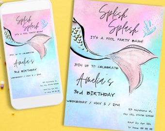 Mermaid Birthday Invitation Editable Template Splish Splash Pool Party, Girl Birthday Party Invite, Printable Template Digital Download