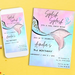 Mermaid Birthday Invitation Editable Template Splish Splash Pool Party, Girl Birthday Party Invite, Printable Template Digital Download