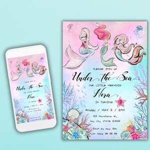 Editable Mermaid Birthday Party Invitation Template, Under the Sea Girl Birthday Party Invite, Printable Invitation Digital Instant Download
