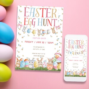 Invitación a la búsqueda de huevos de Pascua para niños, invitación a la fiesta de Pascua, fiesta de búsqueda de huevos, invitación al brunch de huevos de Pascua, plantilla de invitación de Pascua en colores pastel editable