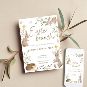 Easter Brunch Invitation Editable Template, Printable Spring Bunny Invitation, Modern Easter Invitation, Easter Egg Hunt Invitation Template