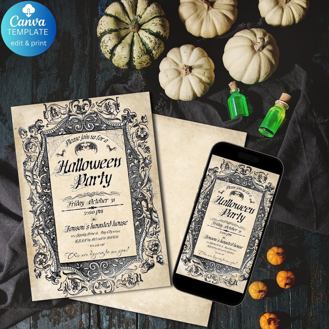 Retro Halloween Party Invitation Template, Printable Gothic Halloween ...