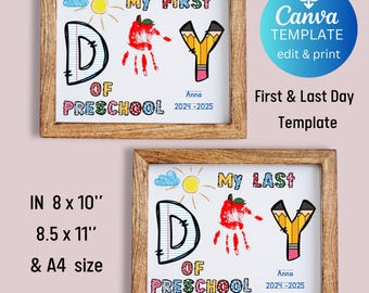 Erster letzter Tag der Vorschule Handabdruck Kinder Handwerk Erinnerung Andenken Druckbare Klassenzimmer Aktivität Apfel Handabdruck, Lehrer Ressource Canva Templ