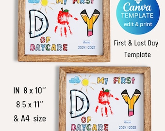 May include: Printable template for a first day of daycare sign. The sign features a handprint, a sun, a cloud, a pencil, and an apple. The text reads "My First Day of Daycare" with a space for the child's name and the year.