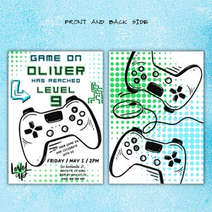 Verjaardagsuitnodiging videogame, bewerkbare neon level-up verjaardagsuitnodiging voor gamer Boy Arcade Party, afdrukbare uitnodigingcanvasjabloon