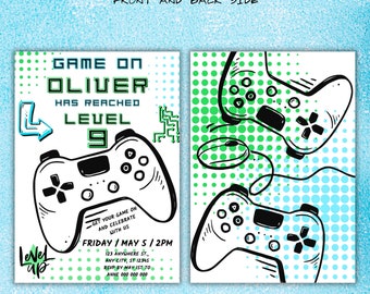 Video Game Birthday Invitation, Editable Neon Level Up Birthday Invite for Gamer Boy Arcade Party, Printable Invitation Canva Template