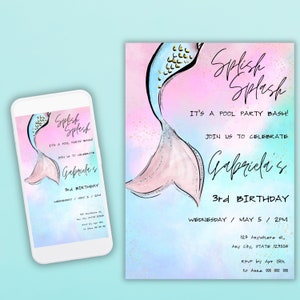 Mermaid Birthday Invitation Editable Template Splish Splash Pool Party, Girl Birthday Party Invite, Printable Template Digital Download
