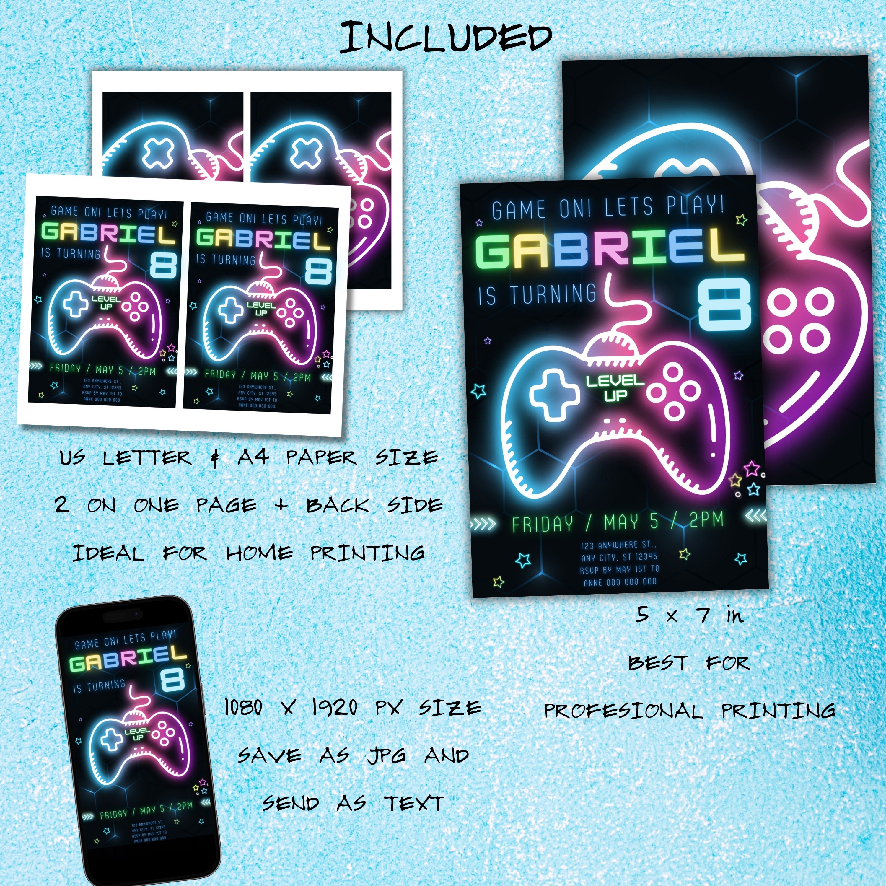 Video Game Birthday Party Invitation, Editable Neon Level up Birthday ...