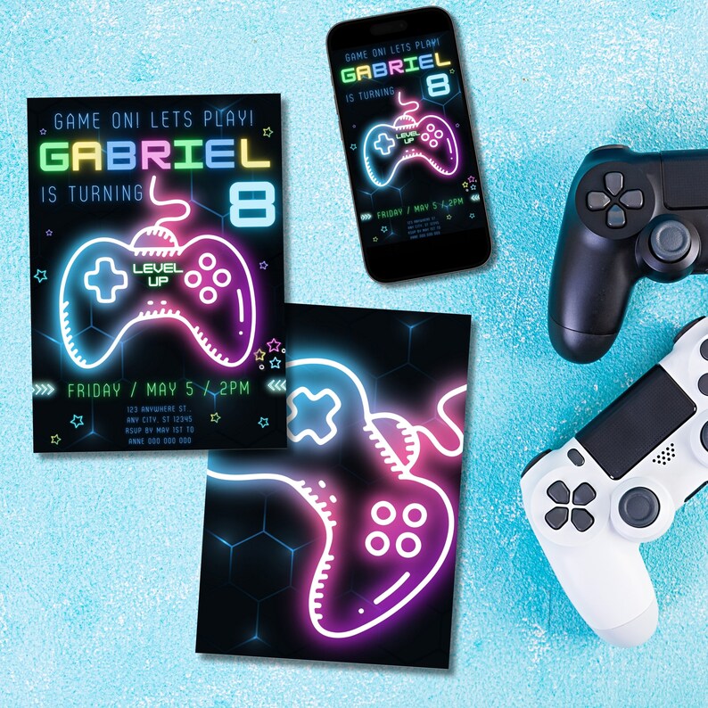 Video Game Birthday Party Invitation, Editable Neon Level up Birthday ...