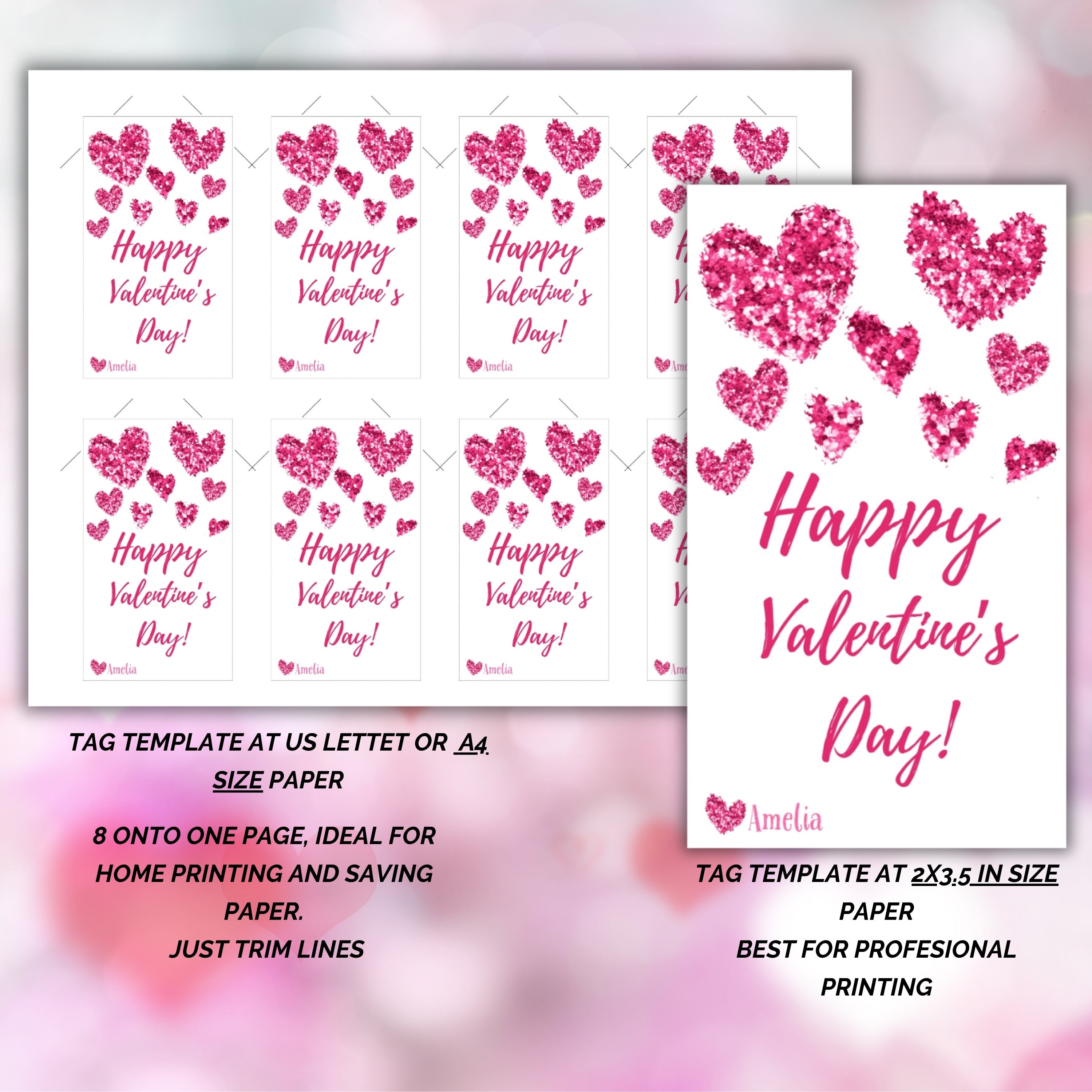 Editable Happy Valentine's Day Gift Tag Favor Tag Pink Red Glitter ...