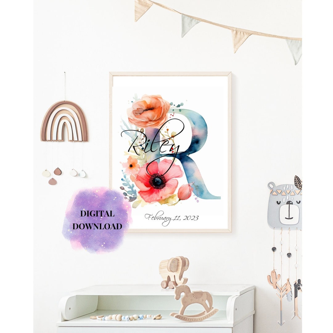 Personalized Printable Watercolor Letter R Wall Art, Unique Nursery