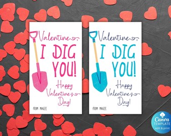 I Dig You Valentine Printable Favor Gift Tag Canva Template School Classroom Valentine Cards for Kids Girl Pink, Boy Blue Showel Download