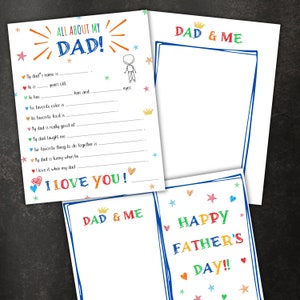 Vatertagsgeschenke für Papa Alles über meinen Vater druckbare personalisiertes Papageschenk von Kindern Füllen Sie die leere Vatertags-Andenkenkarte aus