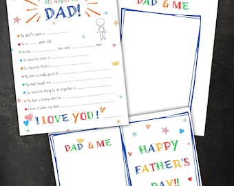 Fathers Day Gifts For Dad All About My Dad Printable Personalized Daddy Gift from Kids Fill in the blank Father&#39;s Day Keepsake Card