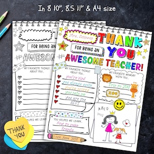 May include: Two spiral-bound teacher appreciation colouring pages with the text "THANK YOU AWESOME TEACHER!" and fill-in-the-blank sections. Includes a yellow heart-shaped "THANK YOU" sticky note. Available in 8x10", 8.5x11" and A4 sizes.