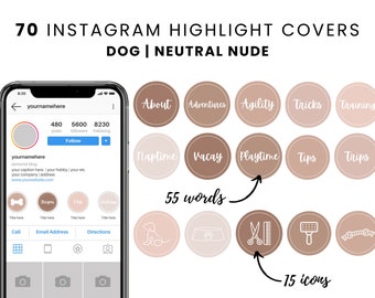70 Dog Instagram Highlight Covers, Pets Story Icons for Social Media, Neutral Nude Colours