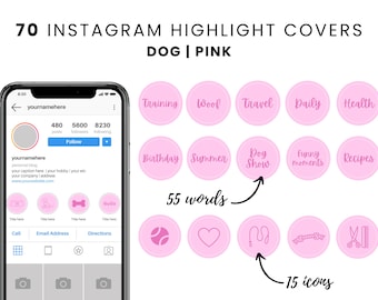 70 Dog Instagram Highlight Covers in Pink Colour, Pets Story Icons for Social Media