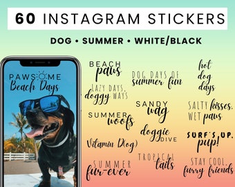 60 Dog Instagram Story Stickers in Summer Edition, Dog and summer relatable words in black and white
