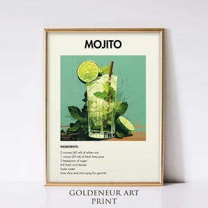 Wydruk koktajlu Mojito, wydruk koktajlu retro, wydruk koktajlu, wystrój Mojito, plakat Mojito, sztuka wózka barowego
