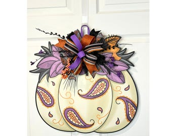 Paisley Pumpkin Door Hanger with Floral Bow - Fall Halloween Decor - Autumn Front Door Decoration"