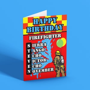 Carte d'anniversaire pompier personnalisée, carte pompier pompier, carte alphabet phonétique, carte de voeux pour services d'urgence, cadeau pompiers