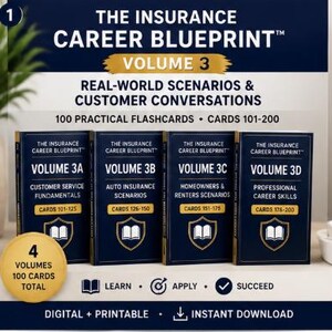 May include: The Insurance Career Blueprint Volume 3 set includes 100 flashcards across four dark blue boxes labeled 3A, 3B, 3C, and 3D. Each box features gold text detailing specific insurance topics like customer service, auto, and homeowners scenarios.