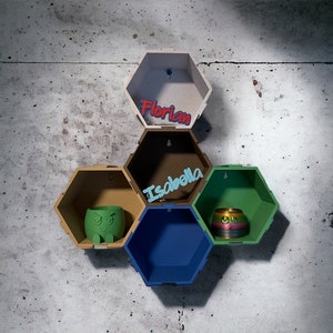 Wall shelf / Hexagon shelf / Plug-in shelf / Expandable / Display case / Decorative shelf / 3D printing