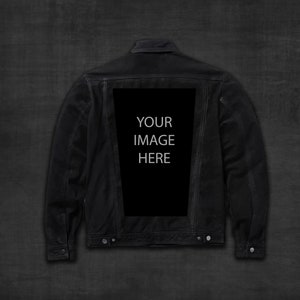 May include: A black denim jacket with a large black patch on the back that says "YOUR IMAGE HERE".